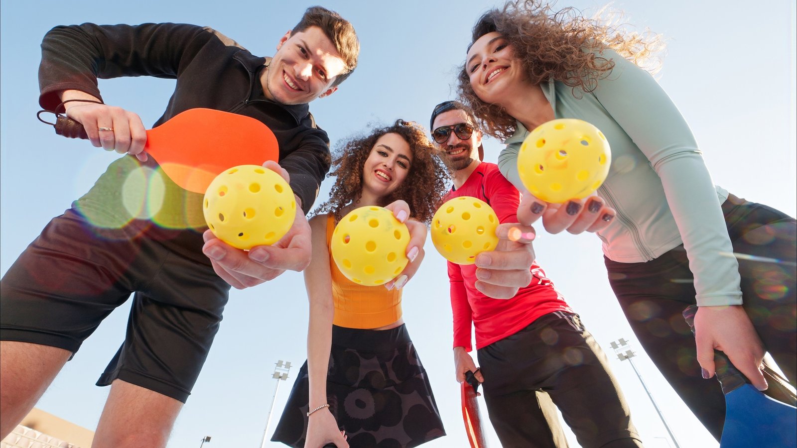 Group of smiling and happy friends holding pickleball ball